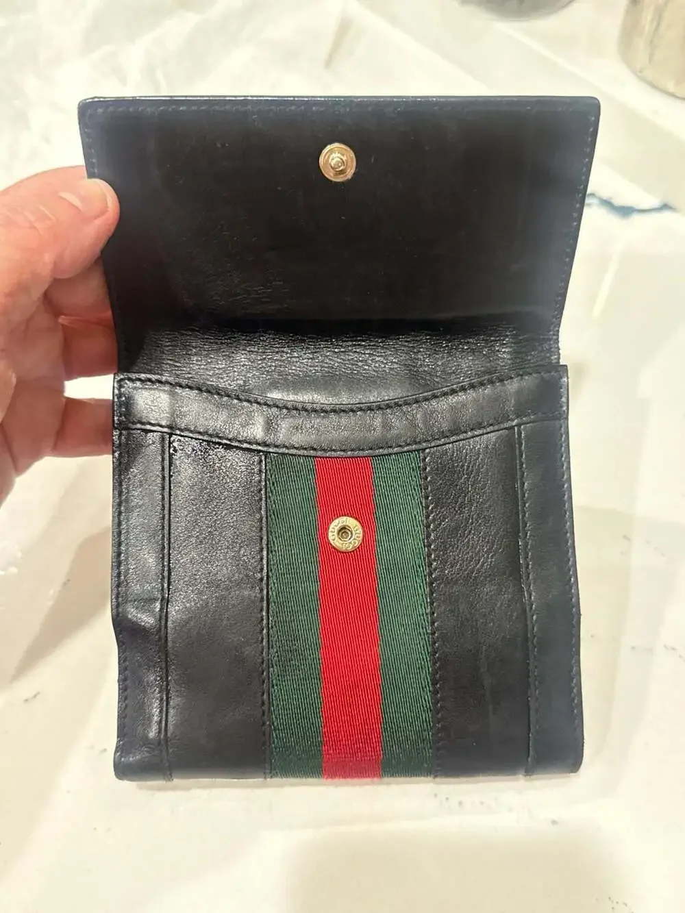 Gucci Vintage Black Leather Web Stripe French Purse Wallet with Studded Strap - Picture 3 of 11